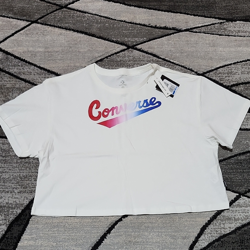 CONVERSE MULTICOLOR OMBRE LOGO STANDARD-FIT WHITE CROP CREW-NECK TEE-SHIRT XL